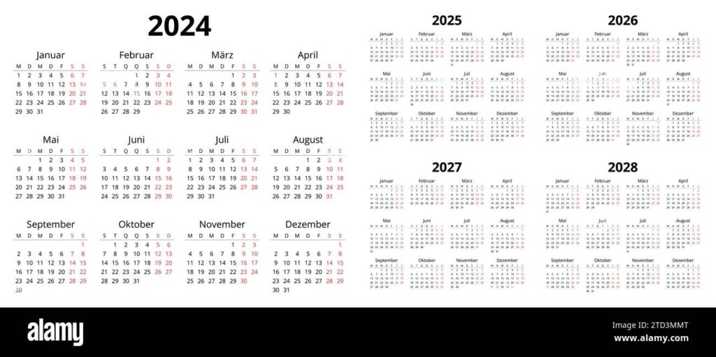 2024 2025 2026 2027 2028 German Calendars Printable Vector 