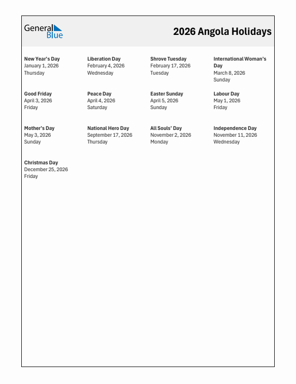 2026 Angola List Of Holidays In PDF Word And Excel