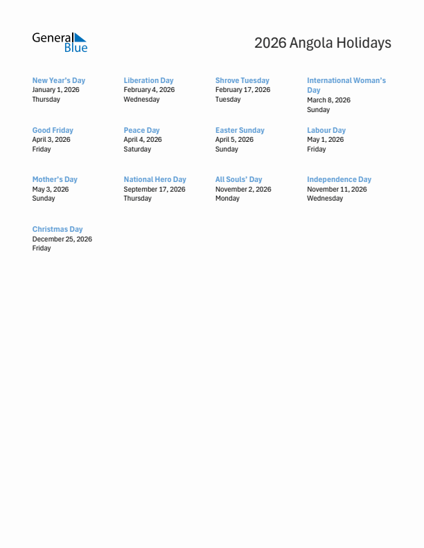 2026 Angola List Of Holidays In PDF Word And Excel