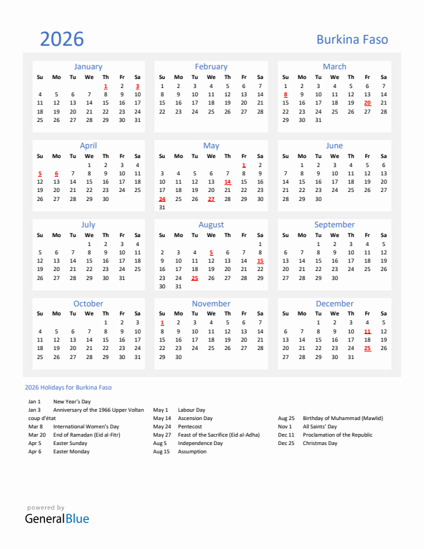 2026 Burkina Faso Calendar With Holidays