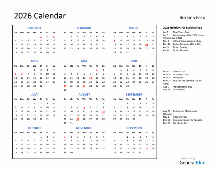 2026 Burkina Faso Calendar With Holidays