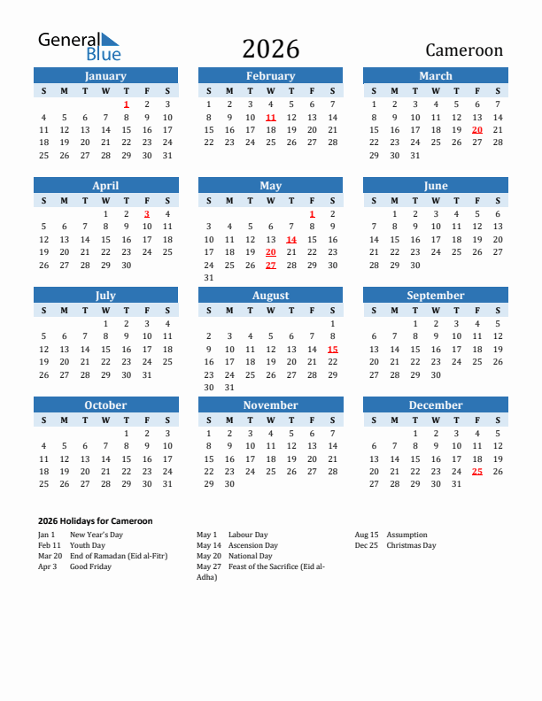 2026 Cameroon Calendar With Holidays