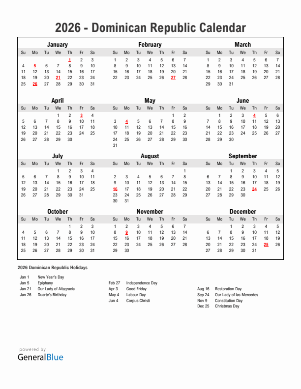 2026 Dominican Republic Calendar With Holidays