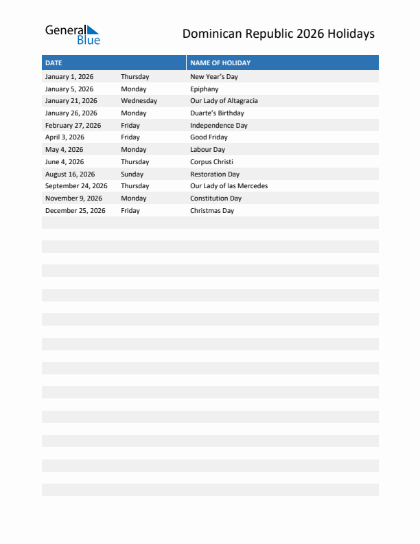 2026 Dominican Republic List Of Holidays In PDF Word And Excel