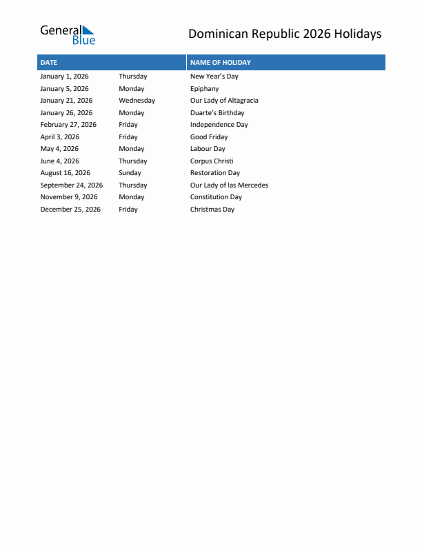 2026 Dominican Republic List Of Holidays In PDF Word And Excel