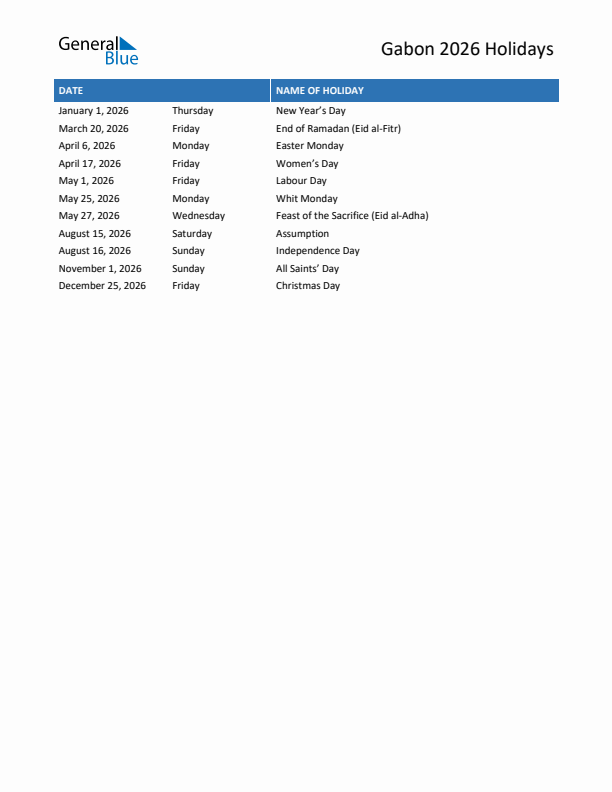 2026 Gabon List Of Holidays In PDF Word And Excel