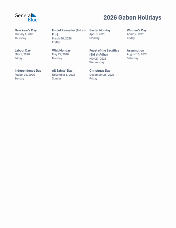 2026 Gabon List Of Holidays In PDF Word And Excel