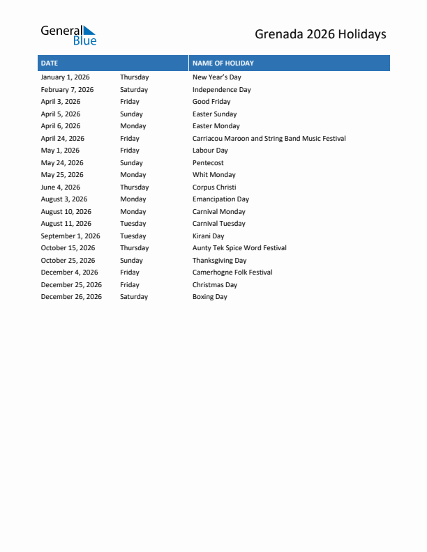2026 Grenada List Of Holidays In PDF Word And Excel