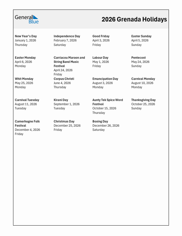2026 Grenada List Of Holidays In PDF Word And Excel