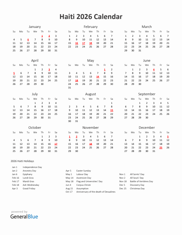2026 Haiti Calendar With Holidays