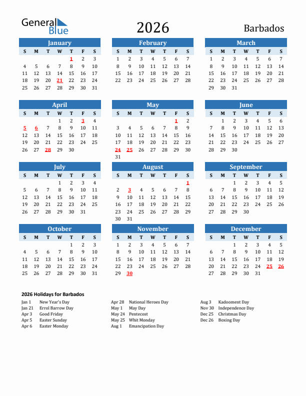 2026 Printable Calendar With Barbados Holidays