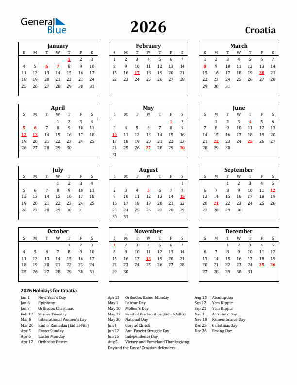 2026 Printable Calendar With Croatia Holidays