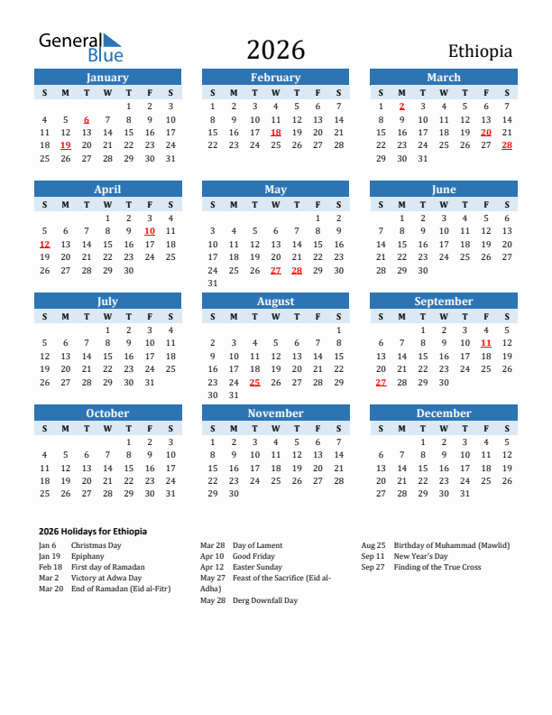 2026 Printable Calendar With Ethiopia Holidays