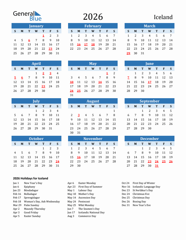 2026 Printable Calendar With Iceland Holidays