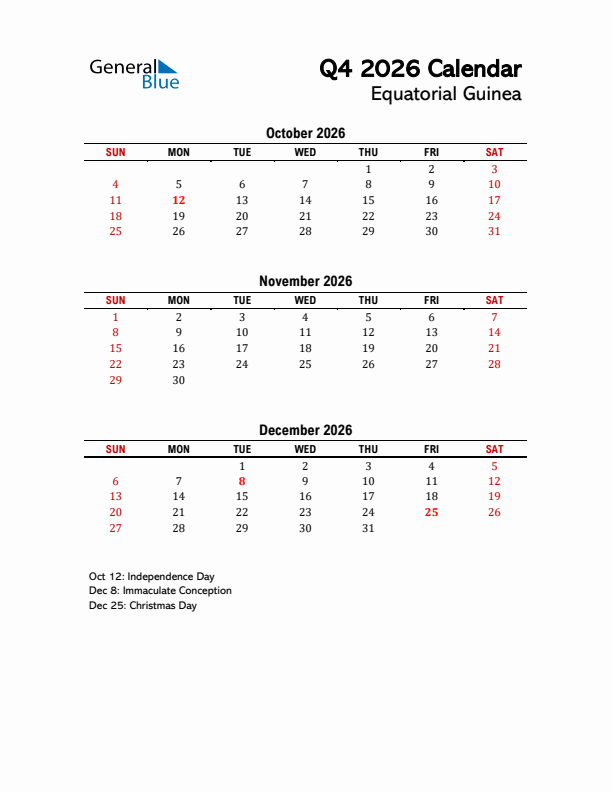 2026 Q4 Calendar With Holidays List For Equatorial Guinea