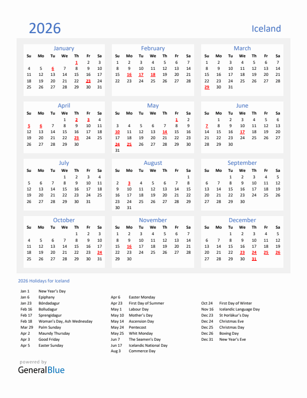 2026 Yearly Calendar Printable With Iceland Holidays