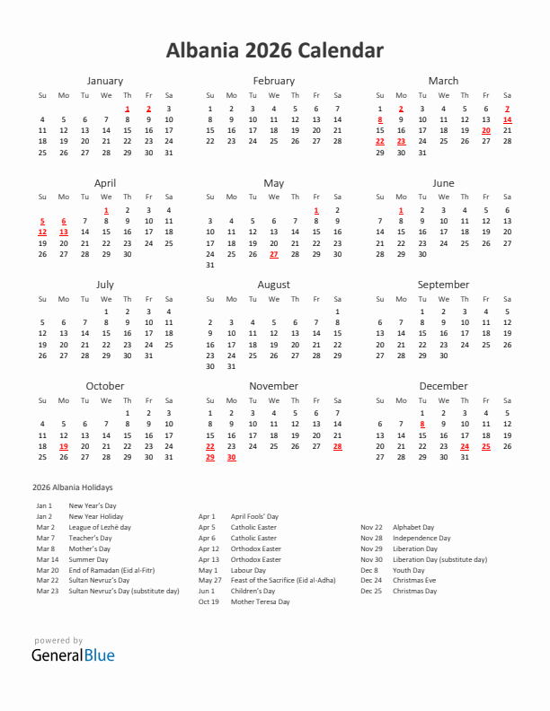 Albania 2026 Calendar With Holidays