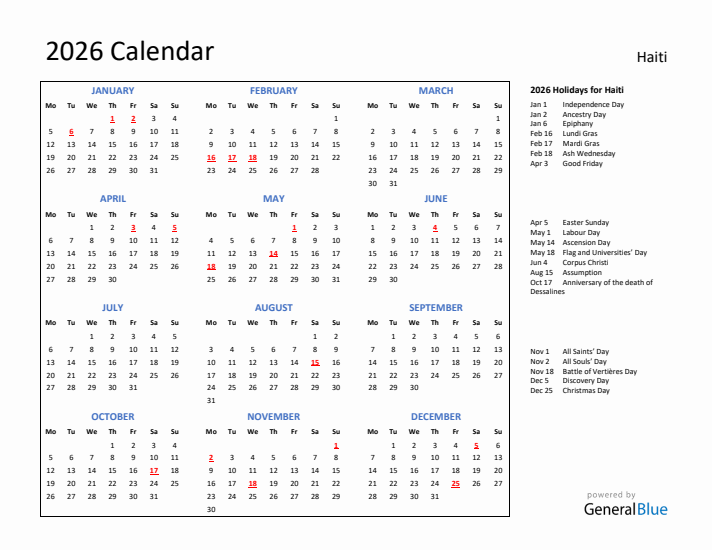 Annual Calendar 2026 With Haiti Holidays