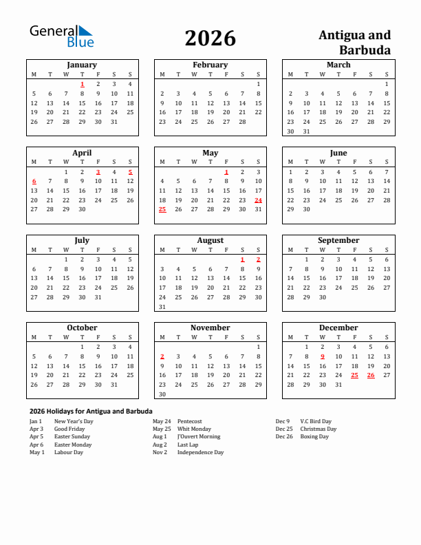 Antigua And Barbuda 2026 Calendar With Holidays