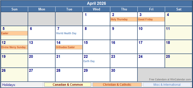 April 2026 Canada Calendar With Holidays For Printing image Format 