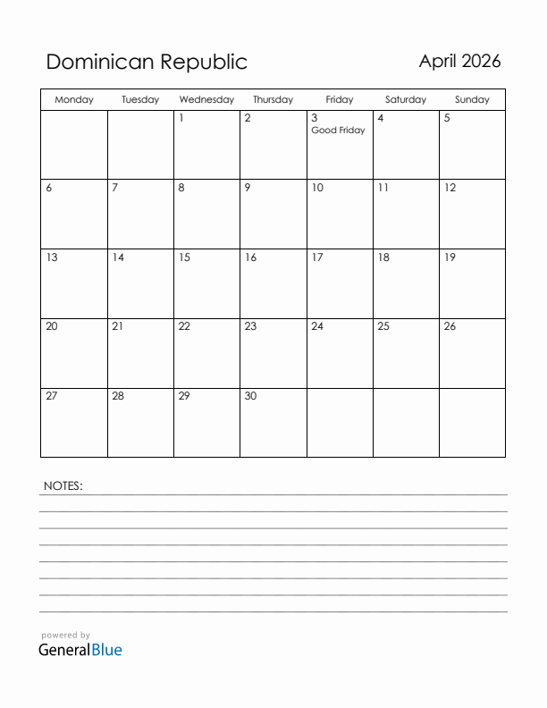 April 2026 Dominican Republic Calendar With Holidays