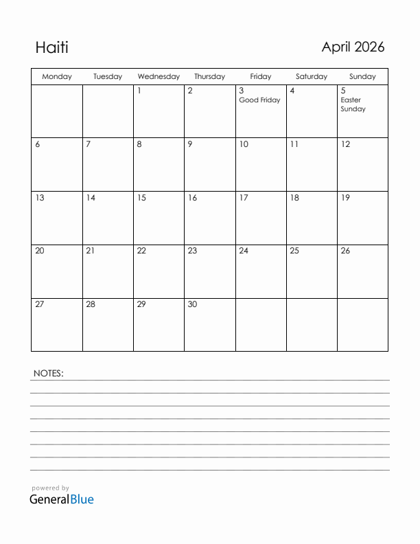 April 2026 Haiti Monthly Calendar With Holidays