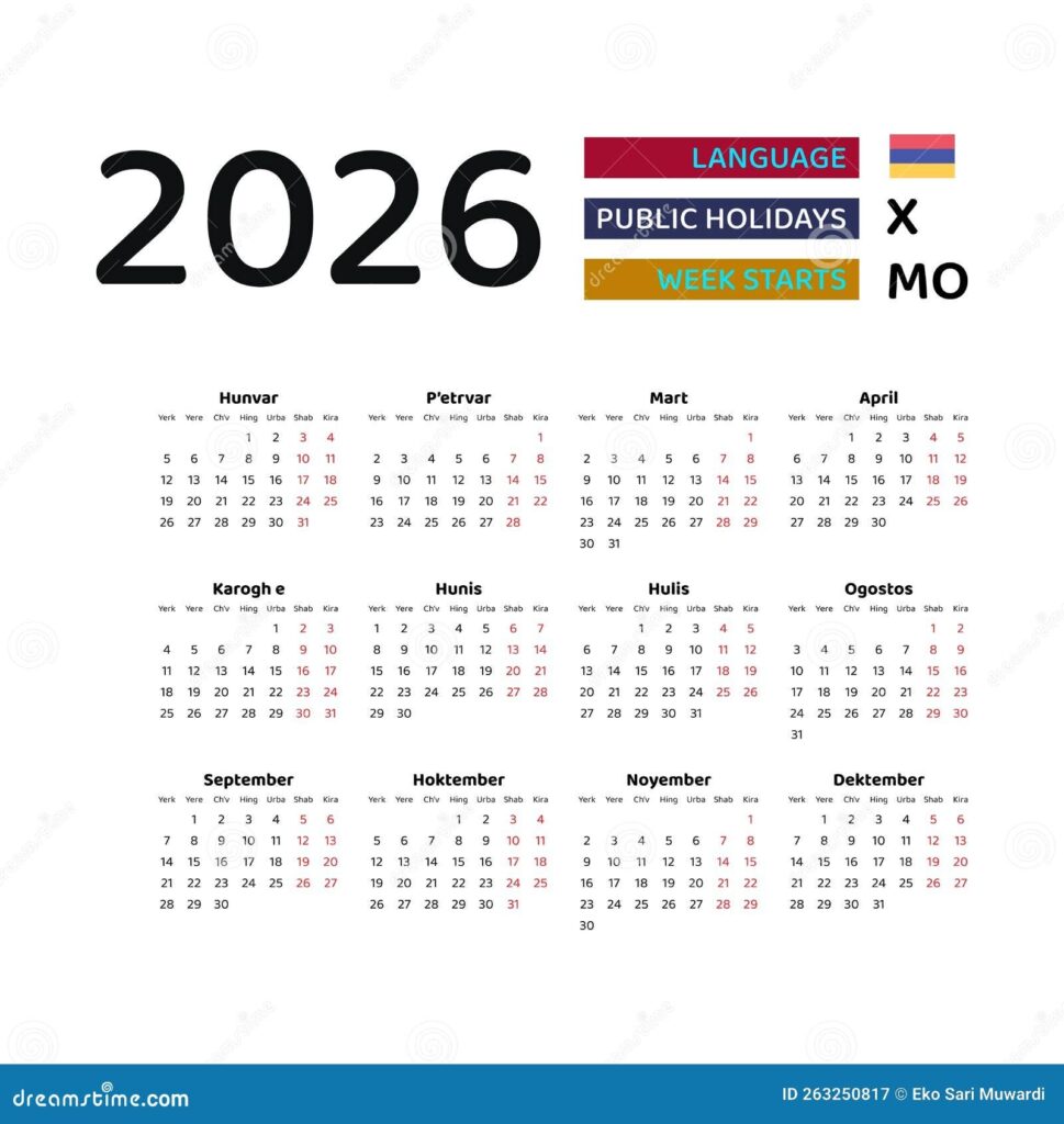 Armenia Calendar 2026 Week Starts From Monday Vector Graphic Design 