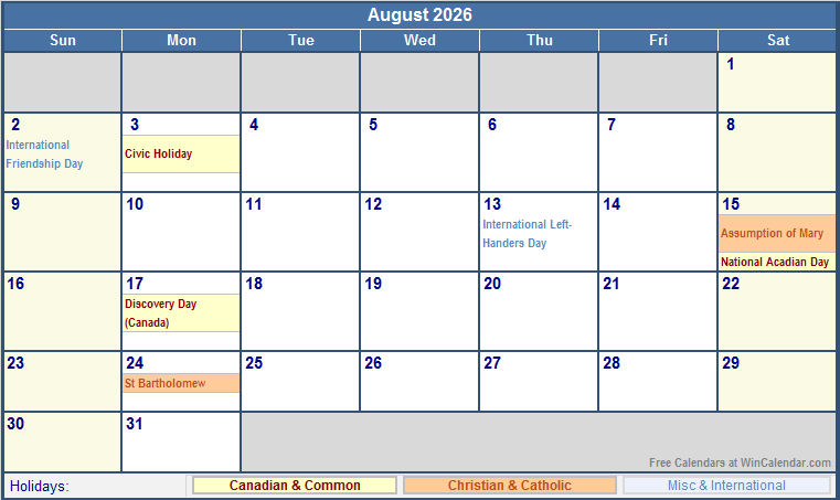 August 2026 Canada Calendar With Holidays For Printing image Format 