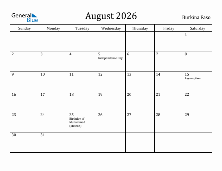 August 2026 Monthly Calendar With Burkina Faso Holidays