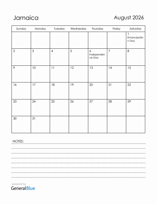 August 2026 Monthly Calendar With Jamaica Holidays