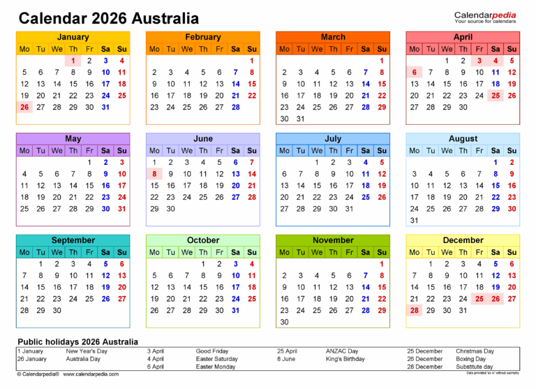 Australia Calendar 2026 Free Printable Excel Templates