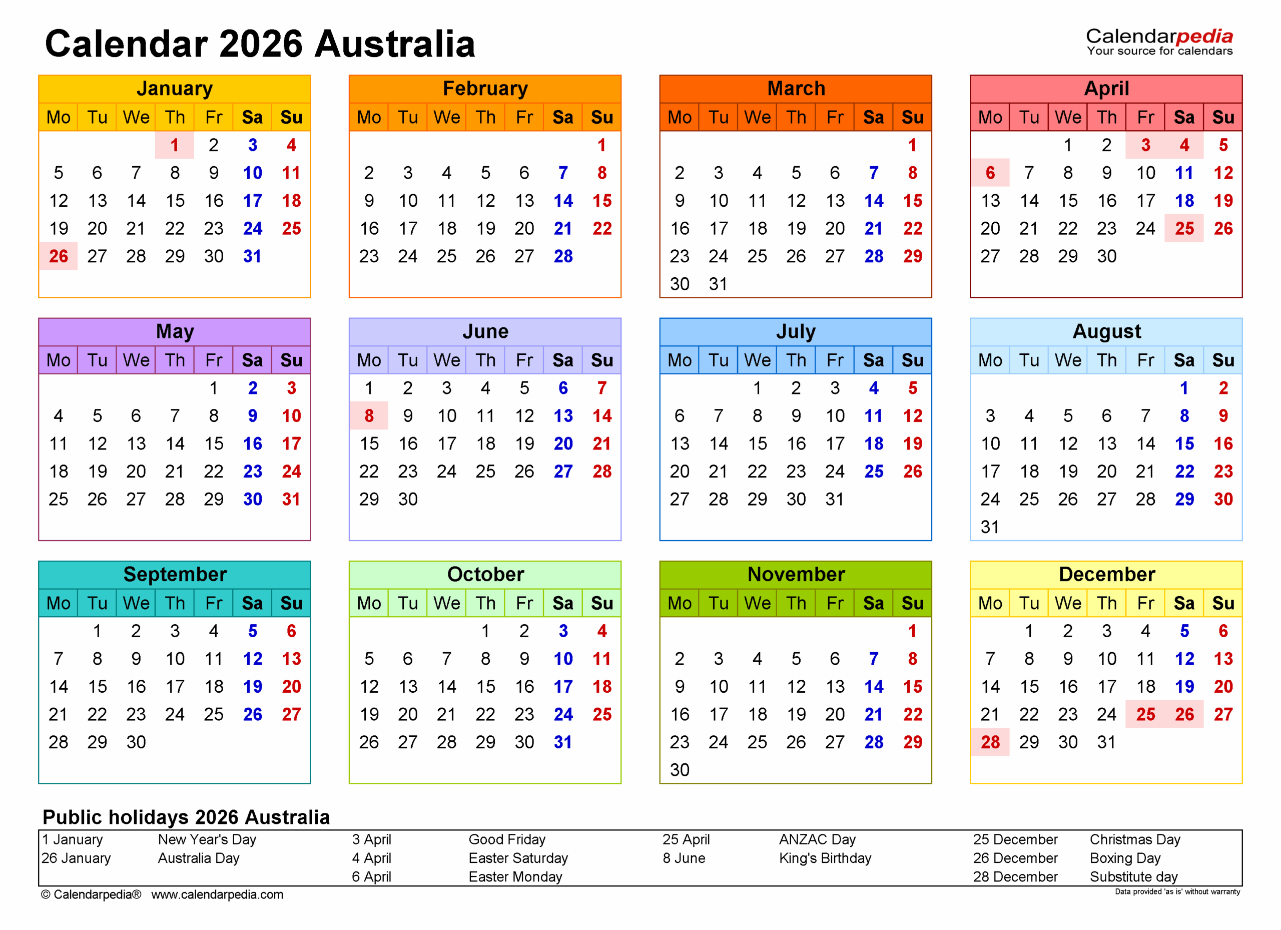 Australia Calendar 2026 Free Printable Excel Templates