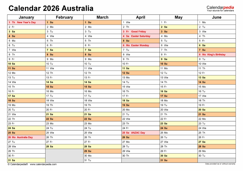 Australia Calendar 2026 Free Printable Word Templates