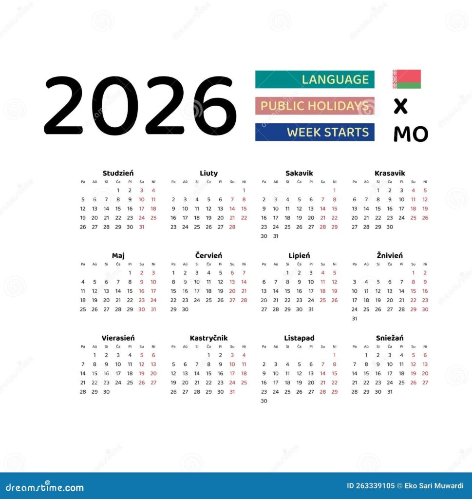 Belarus Calendar 2026 Week Starts From Monday Vector Graphic Design 