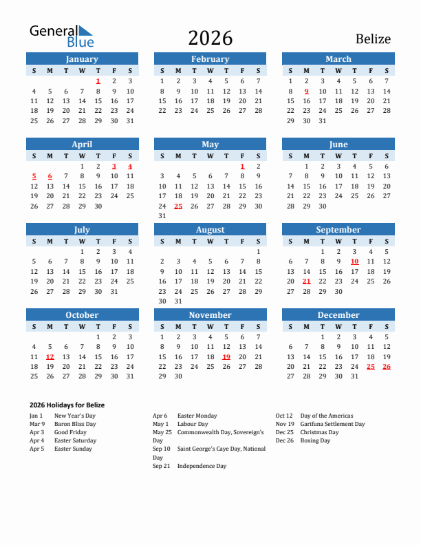Belize 2026 Calendar With Holidays