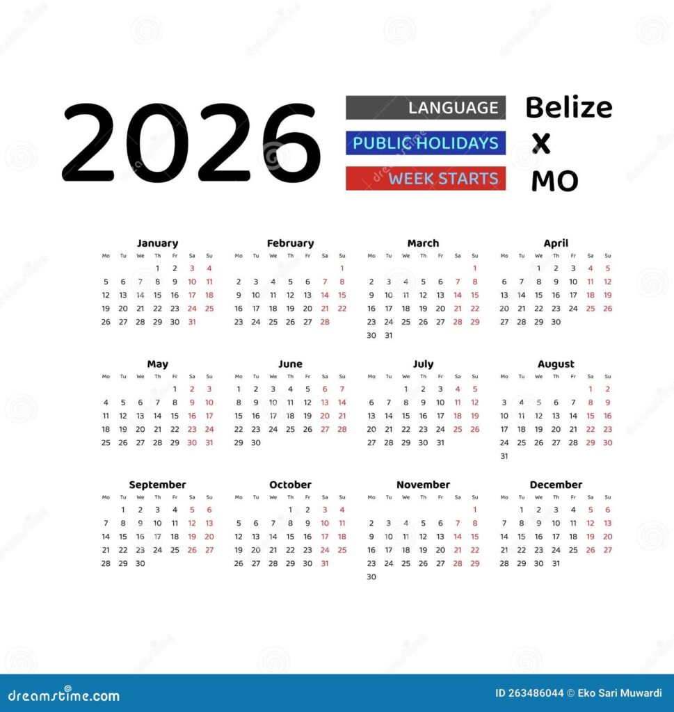 Belize Calendar 2026 Week Starts From Monday Vector Graphic Design 