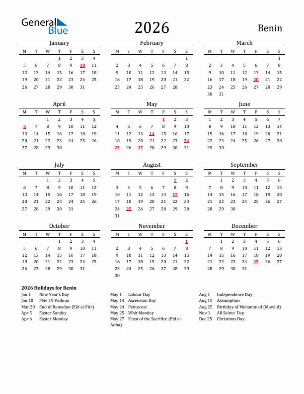 Benin 2026 Calendar With Holidays