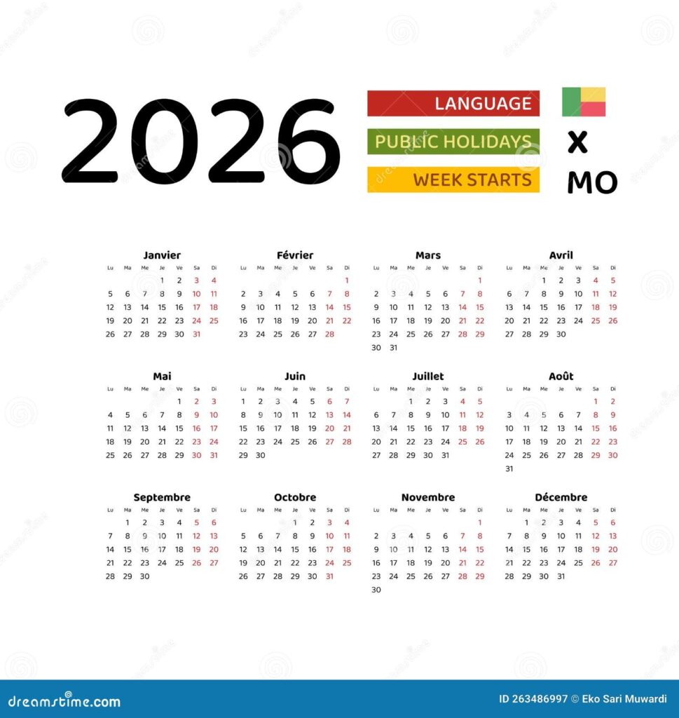 Benin Calendar 2026 Week Starts From Monday Vector Graphic Design 