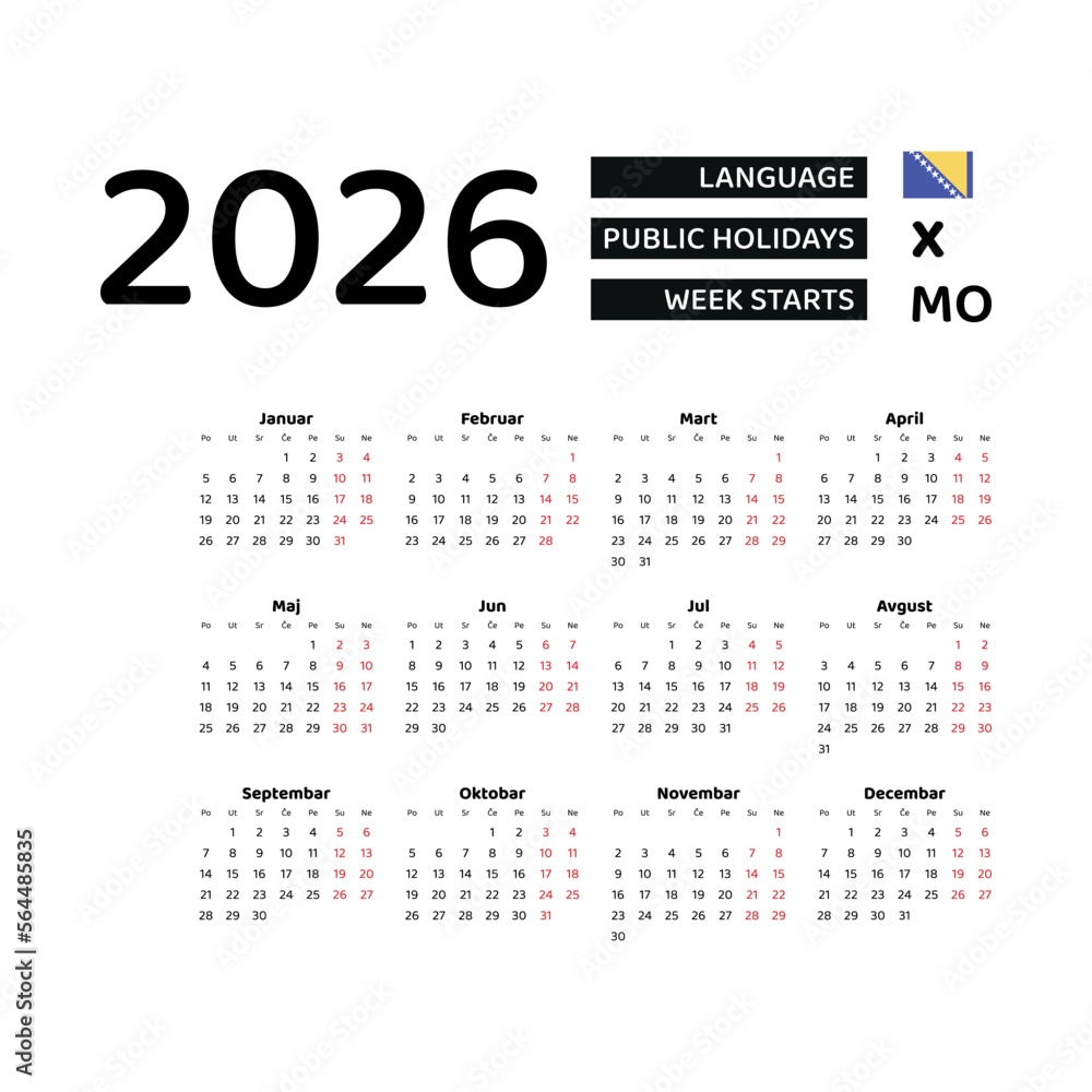 Bosnia And Herzegovina Calendar 2026 Week Starts From Monday Vector 