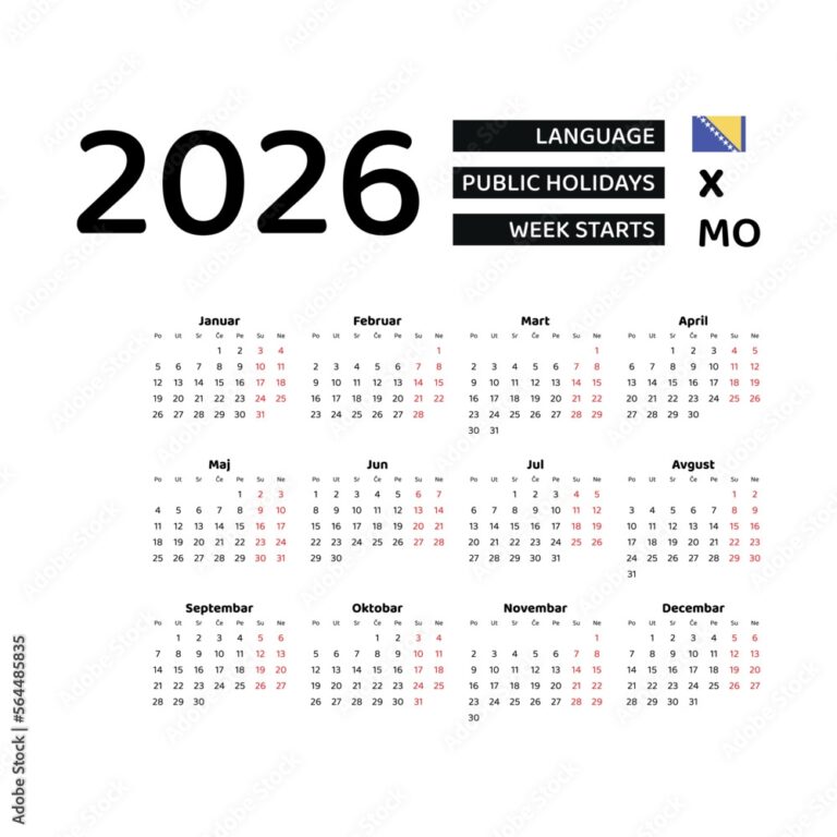 Bosnia And Herzegovina Calendar 2026 Week Starts From Monday Vector 