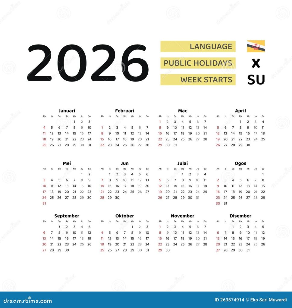 Brunei Darussalam Calendar 2026 Week Starts From Sunday Vector 