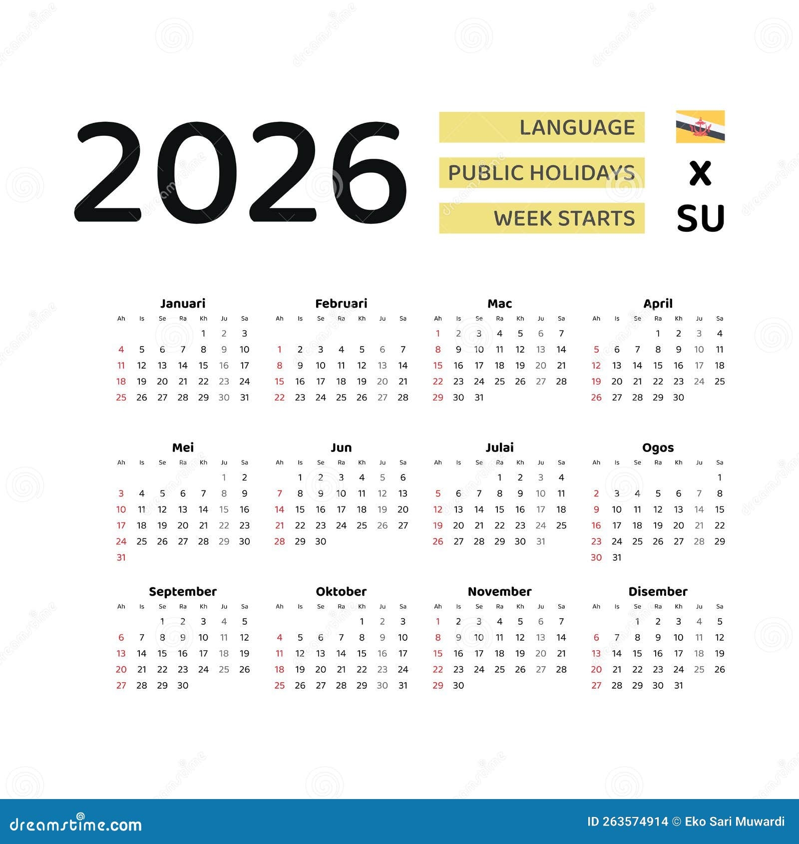Brunei Darussalam Calendar 2026 Week Starts From Sunday Vector