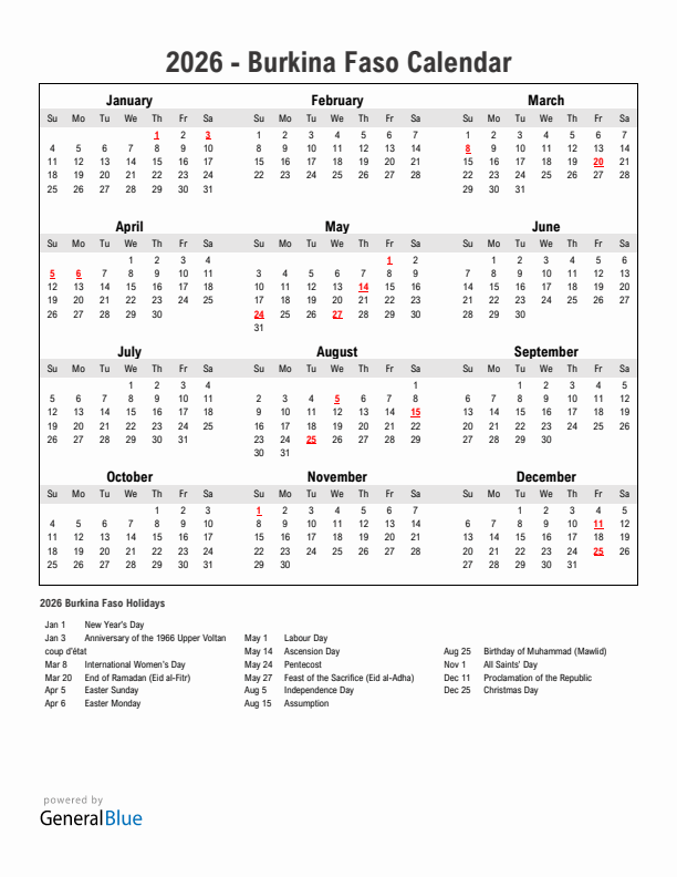 Burkina Faso 2026 Calendar With Holidays