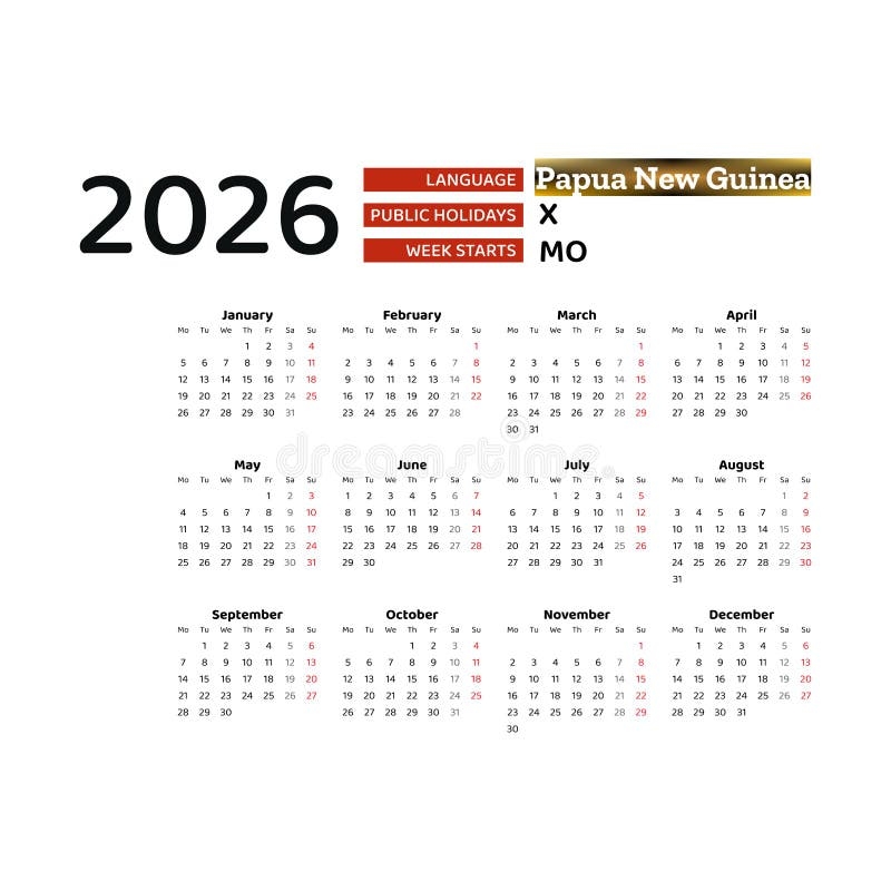 Calendar 2026 English Language With Papua New Guinea Public Holidays 