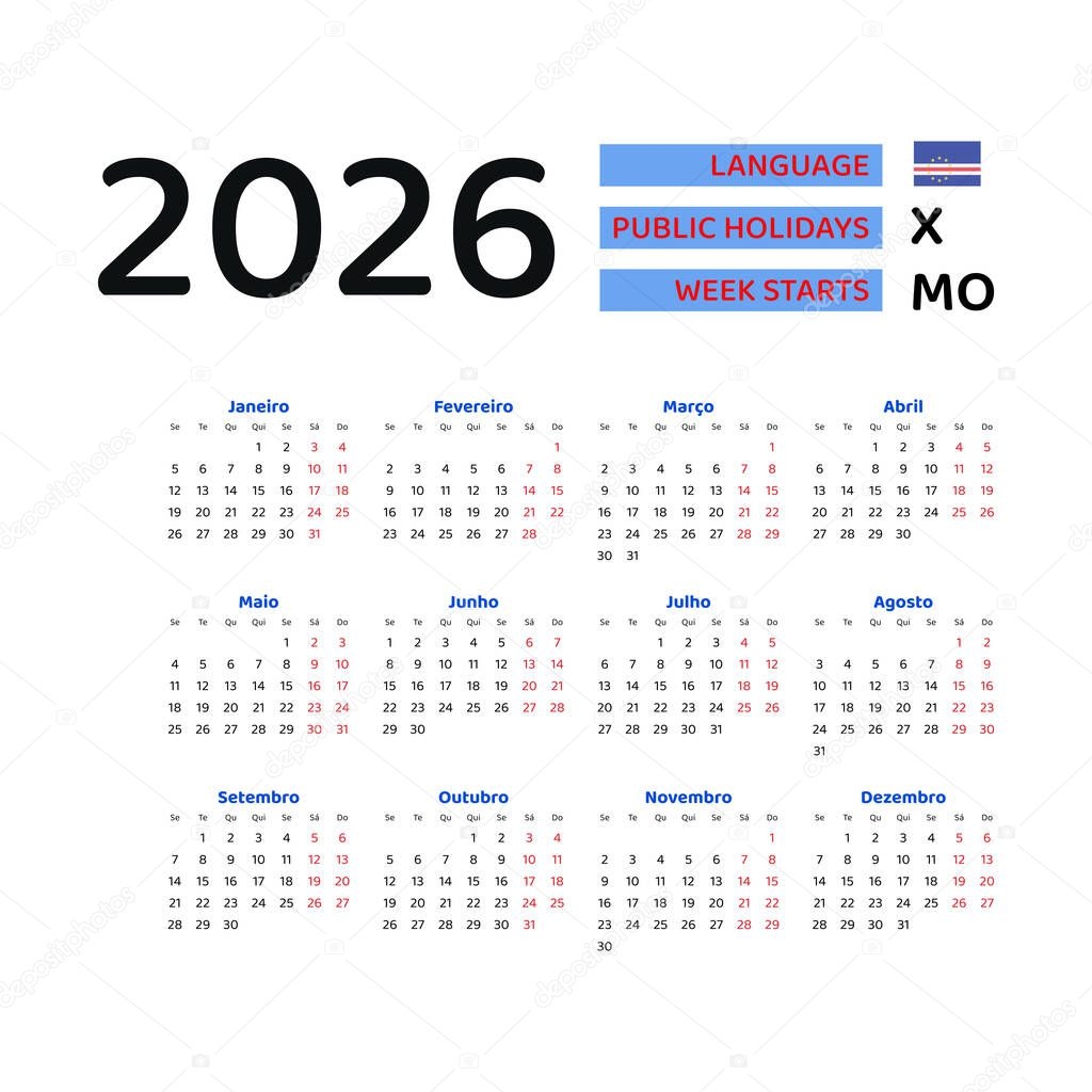 Calendario Cabo Verde 2026 La Semana Comienza El Lunes Dise o Gr fico 