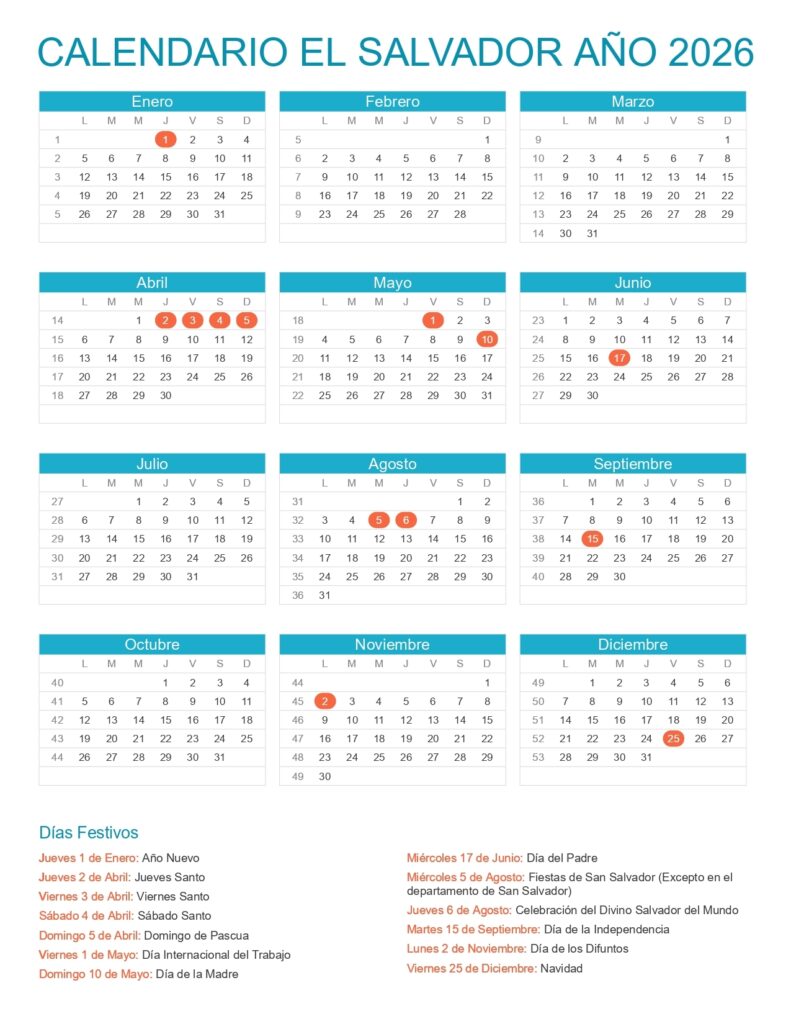 Calendario El Salvador 2026 Con Feriados Oficiales Y Fechas Importantes