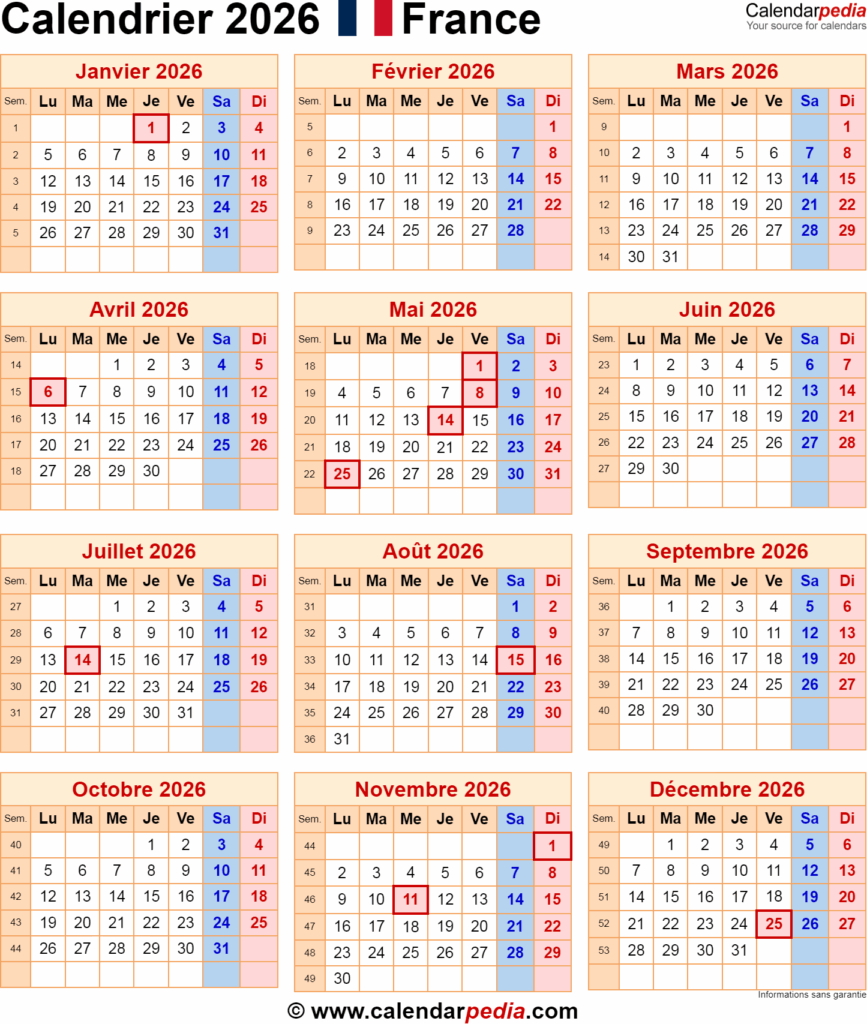 Calendrier 2026 PDF Excel Et Word Calendarpedia