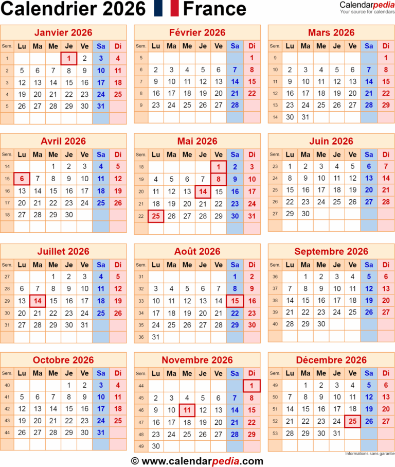 Calendrier 2026 PDF Excel Et Word Calendarpedia