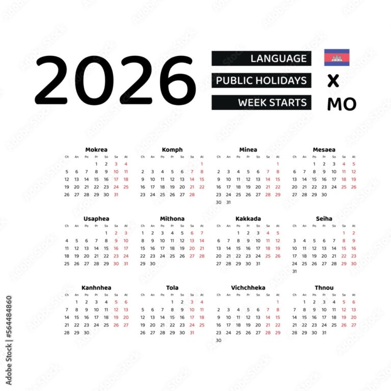 Cambodia Calendar 2026 Week Starts From Monday Vector Graphic Design 