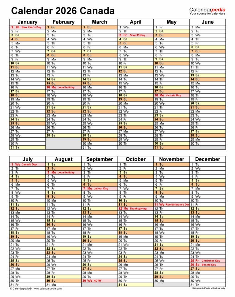 Canada Calendar 2026 Free Printable PDF Templates
